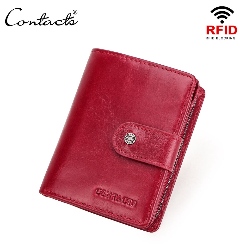 CONTACT'S หนังแท้ กระเป๋าสตางค์สั้นขนาดเล็ก Rfid ผู้ถือบัตร สีแดง กระเป๋าเงินเหรียญ