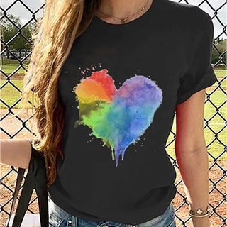 Multicolored Heart Printing T-shirts Women Summer Clothes Harajuku Vogue T Shirt Aesthetic Tops for Women Fashion  M -