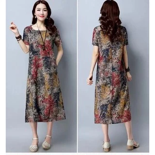 เดรสยาวผาลนน เดรสสาวอวบ M-4XL เดรสลายดอก คอกลมแขน สน ชดเดรสกระโปรงผหญง