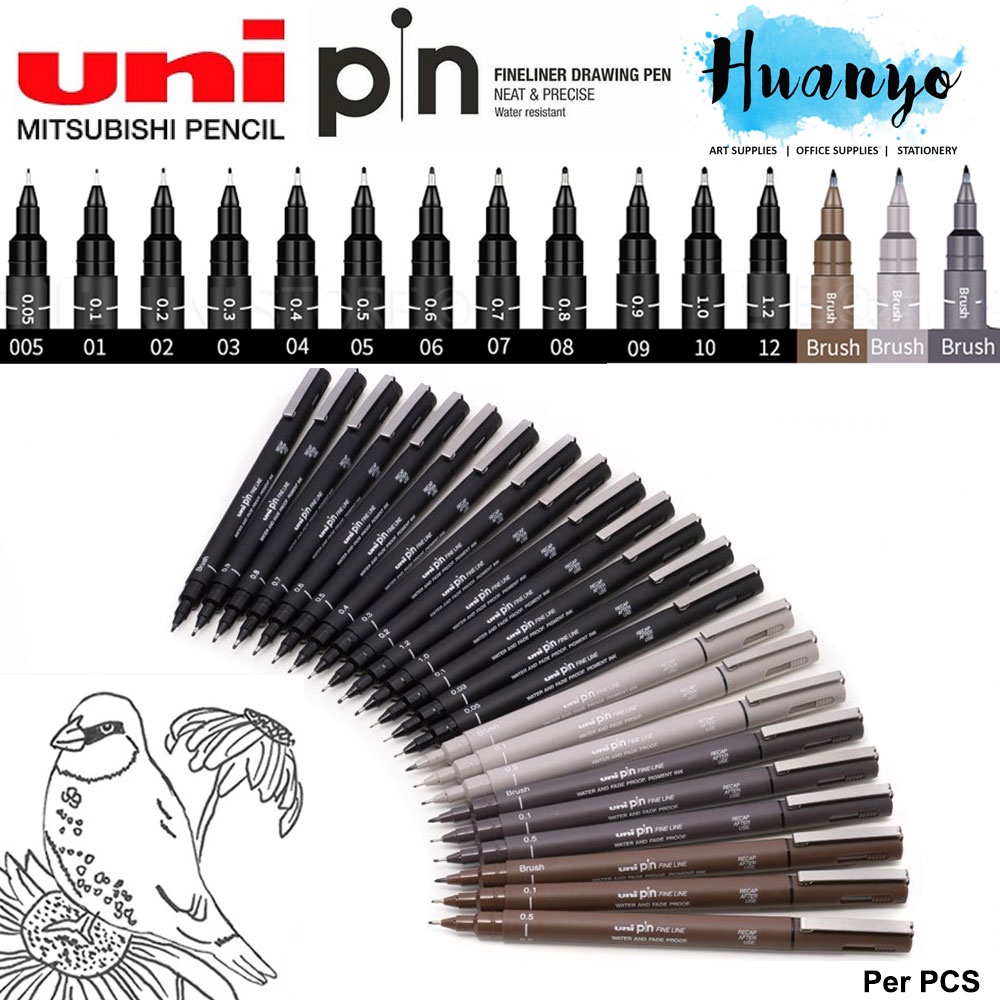[HUANYO] UNI PIN Technical Drawing Sketching Fineliner Pen(0.03MM-1.2MM/Brush Chisel Tip, Black/Sepi
