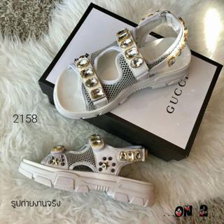 gucci leather and mesh sandal with crystals