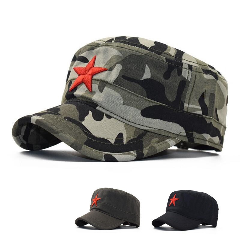 หมวกแบนผ้าฝ้ายแบบทหาร Camo Red Star Pentagram สไตล์วินเทจ สำหรับผู้ชายและผู้หญิง