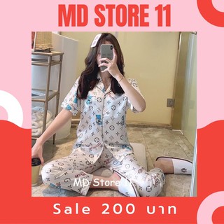 S A L E‼️‼️ Pajamas ชุดนอนสไตล์เกาหลี ชุดนอนผ้าซาติน ชุดนอนงานแบนด์ LV สีขาว🤍🤍