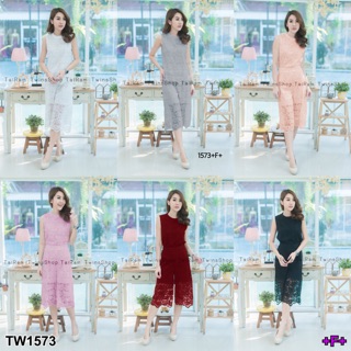 TwinsShopVip💗พร้อมส่ง TW1573 เซตลูกไม้แขนกุด + กางเกงลูกไม้