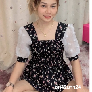 เสื้อสม้อครอบอกลายดอกแต่งแขนลูกไม้ปอมๆ(ดำ)