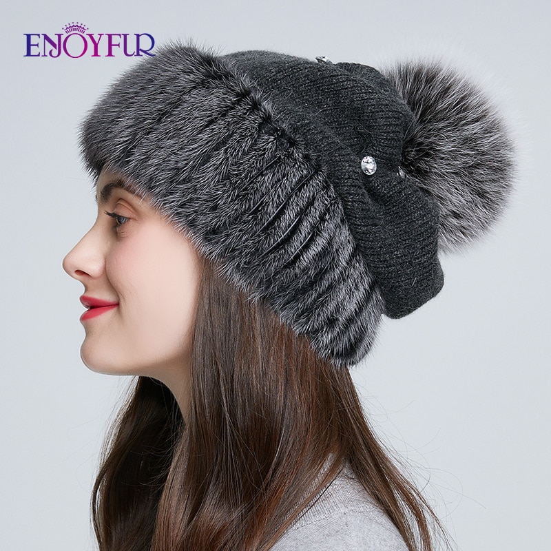 Enjoyfur Mink Fur Knitted Wool Hats For Women Winter Thick Warm Slouchy Beanies Female Caps With 8579