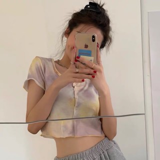 พร้อมส่ง ส่งฟรี my purple lemon crop shirt เสื้อมัดย้อม พาสเทล makjachic