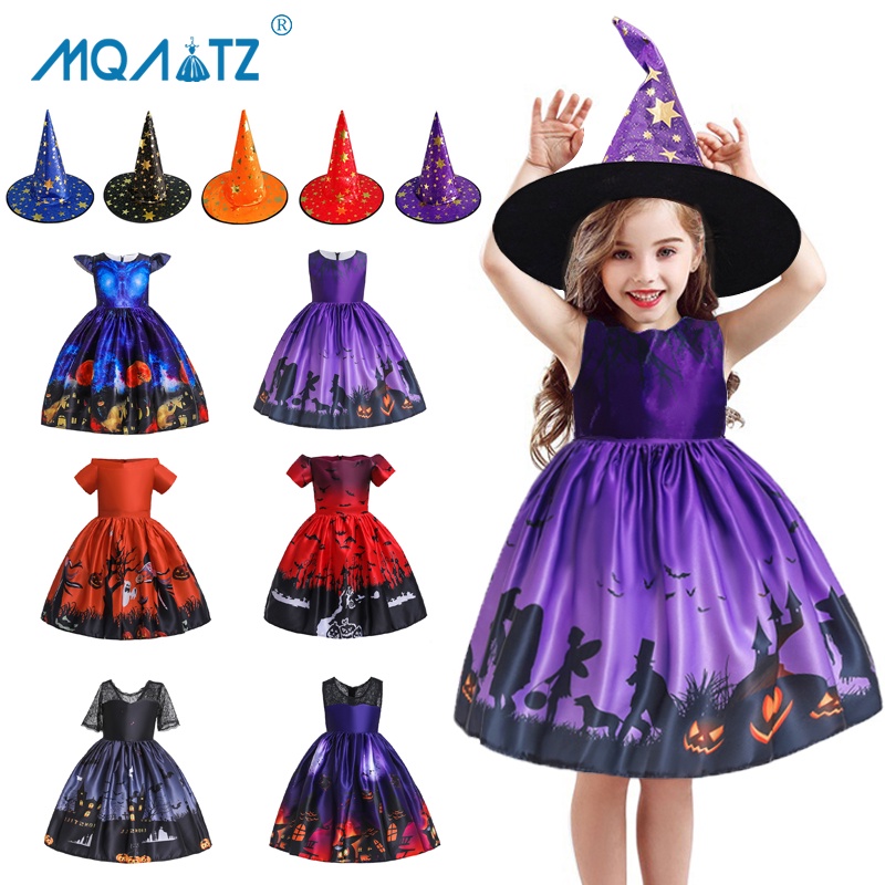 Mqatz พร้อมหมวก Carnival ฮาโลวีนเครื่องแต่งกายสําหรับเด็กเด็กผู้หญิงเสื้อผ้าเด็กชุดเจ้าหญิง Ghost รูปแบบคอสเพลย์ปาร์ตี้ 2-10 ปี WS001