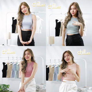 ✨ พร้อมส่ง 🍭chill.bkk🍭เสื้อยืดครอปผ้าร่อง แขนกุด สีพื้น (มีขายส่ง)