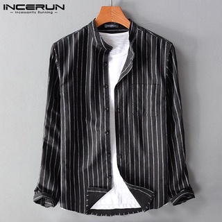 INCERUN Men Casual Striped Long Sleeve Button Up Loose Cotton Shirt