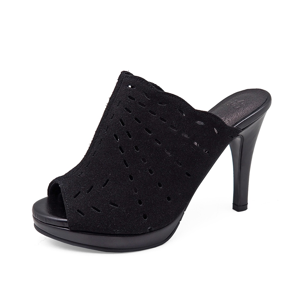 TAYWIN(แท้) รองเท้าแตะส้นสูงหนังแท้ ผู้หญิง รุ่น HSC-02 หนังกลับสีดำ-หนังนิ่มสีดำ