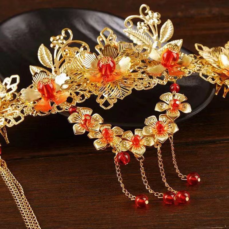 (พร้อมส่ง) เครื่องประดับจีน เครื่องประดับชุดจีน  สำหรับ ชุดกี่เพ้า ชุดจีน คาดผมจีน (สีแดง/ทอง)