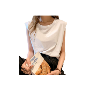 COGO เสื้อยืดแขนกุดผู้หญิงสีขาว Oversize เสื้อผ้าแฟชั่นวัยรุ่น เสื้อเสริมบ่า สไตล์เกาหลี ผ้าคอตตอน100% สีพื้น XXL