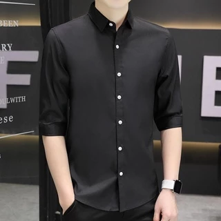 MANSTR เสื้อเชิ้ตผู้ชาย คุณภาพ ลำลอง 3 4 แขน ผ้าไหมน้ำแข็ง เสื้อเชิ้ตเกาหลี สีทึบ เข้ารูป ชุดทำงานอย่างเป็นทางการ สีเขียว\ น้ำเงิน \ ดำ \ ขาว