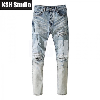 New AMIRI Water Blue Ripped Distressed Paisley Light-Colored Slim Jeans for Men and Women High Street Fashion Brand