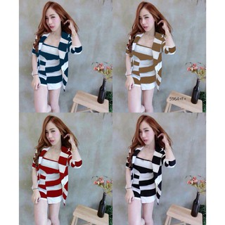 ชุดเข้าเซ็ตเสื้อคลุมริ้ว+จั้มสูท (5964)