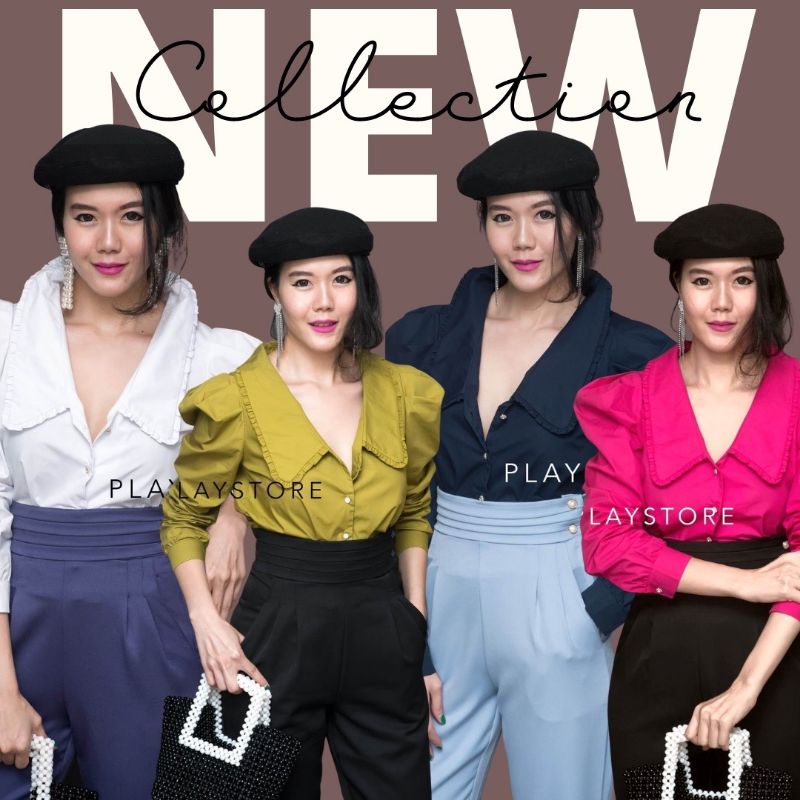 Mirrorsister​ 30927.6 เสื้อเชิ้ตคอวีปกใหญ่แต่งกุ๊นย่นๆ ช่วงแขนพองกำลังดี