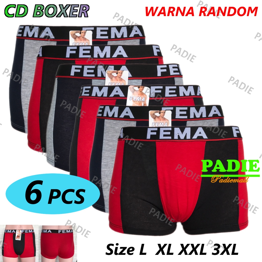 กางเกงบ็อกเซอร์ผู้ชาย 6 ชิ้น/CD FEMA 888 Size L, XL, XXL, 3XL/sempak/ชุดชั้นใน