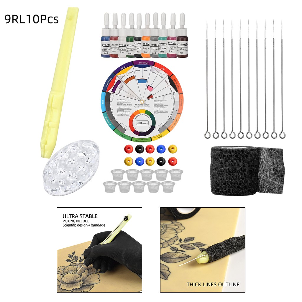 Hand Poke Stick Tattoo Kit Needles Ink Color Wheel DIY Tattoo Supplies