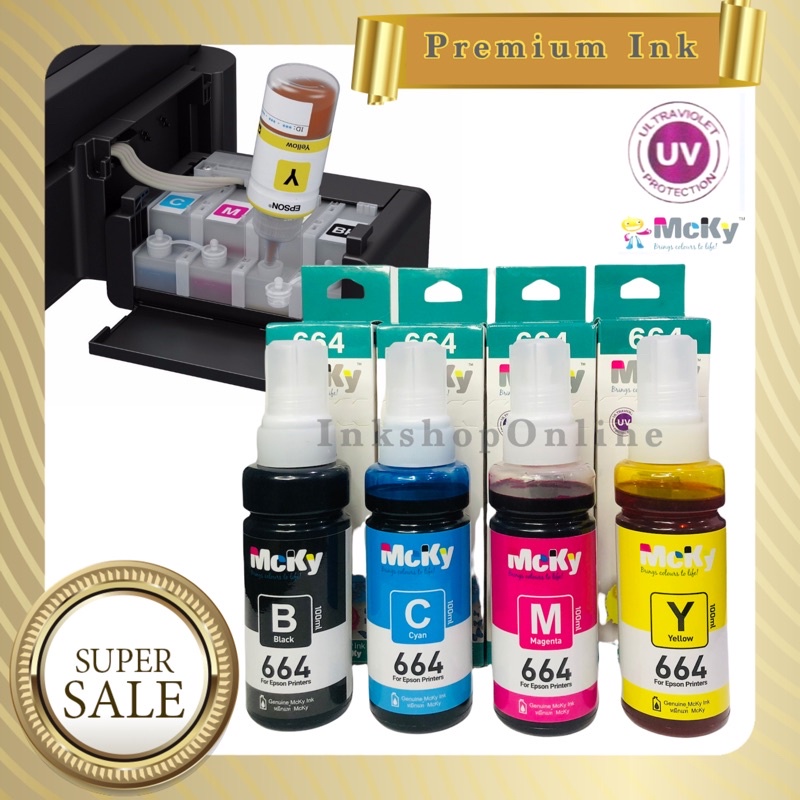 หมึกเติมเอปสัน Epson 664 ยี่ห้อ MCKY 100ml. ขวดรุ่นใหม่ หมึกกัน UV หมึกเติม เกรดPremium ยี่ห้อแม็คกี้  L210  L360 L1300