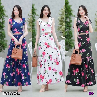 MM17724 Set 2 ชิ้น เสื้อครอปลายดอกไม้ ผูกไหล่ + กระโปรงยาวลายดอกไม้  Set of 2 pieces, floral crop top, shoulder tie + fl