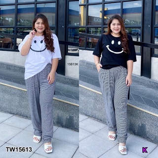 TW15613 set 2 ชิ้น #Bigsize เสื้อยืดแขนสั้น + กางเกงลายริ้วขายาว