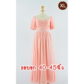 E1804-2-XL-ชุดราตรียาวคนอ้วน เปิดไหล่แบบมีแขน สีพีช(โทนสีโอรส) ผ้าชีฟอง ประดับเพชรตาข่ายใต้อก-แบบมีสม๊อกยืดด้านหลัง