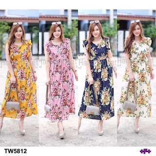 TW5812 เดรสยาว #สาวอวบ (Maxi Dress) เดรสยาวแขนระบาย จั้มเอวเข้ารูป