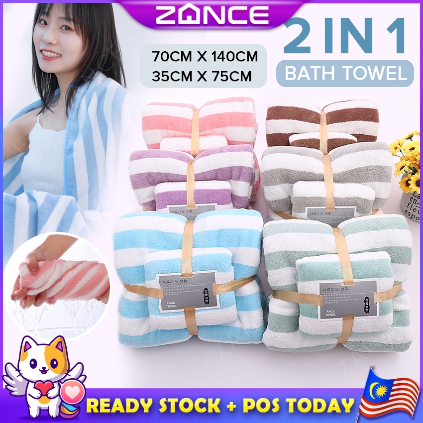 Msia ZANCE Mifonline 2IN1 หรูหราผ้าเช็ดตัวนุ่ม + Face Tuala ผ้าเช็ดตัวชุดไมโครไฟเบอร์ดูดซับ Mandi hl