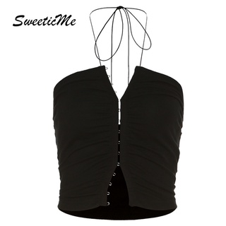 Sweeticme เสื้อกล้ามลําลอง คอวี เปิดหลัง ทรงตรง เซ็กซี่ สีพื้น แฟชั่นสําหรับสตรี 2022