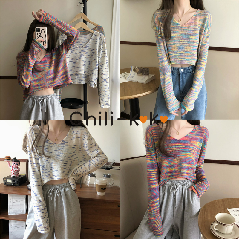 Chili_k❤️k❤️ พร้อมส่ง เสื้อถักไหมพรม เสื้อแขนยาว ตัวสั้น คอวี ลวดลายสีเรนโบว์ ผ้านุ่ม สดใส น่ารัก 0767