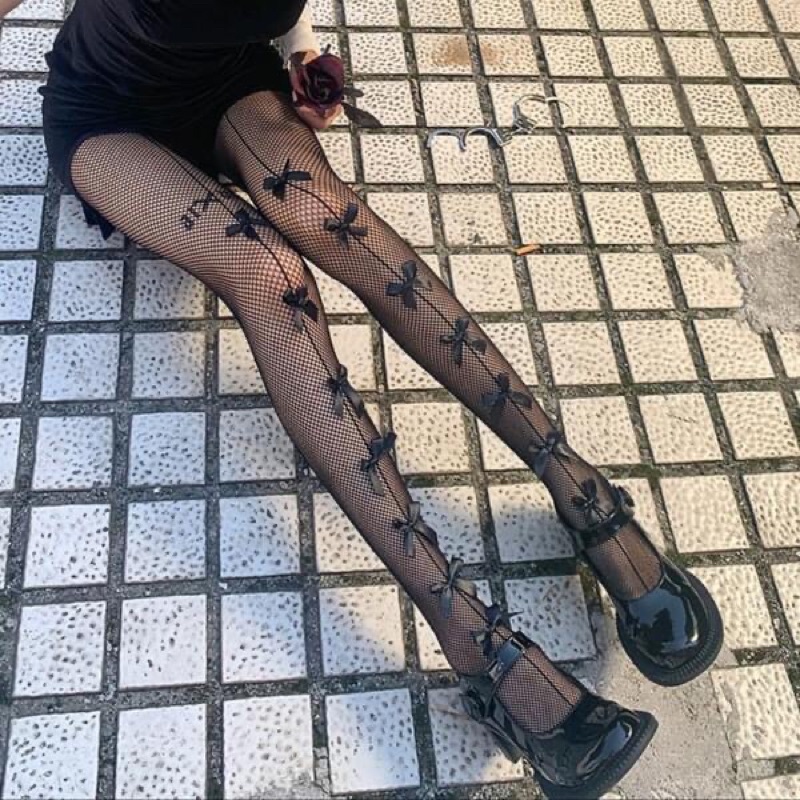 🖤พร้อมส่ง ถุงน่องตาข่ายเต็มตัวประดับโบว์มีสีดำ และ สีขาว 🖤🤍 S45