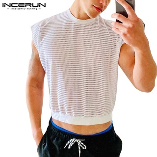 Incerun เสื้อกล้ามซีทรู แขนกุด ผ้าตาข่าย ระบายอากาศ สีขาว สําหรับผู้ชาย