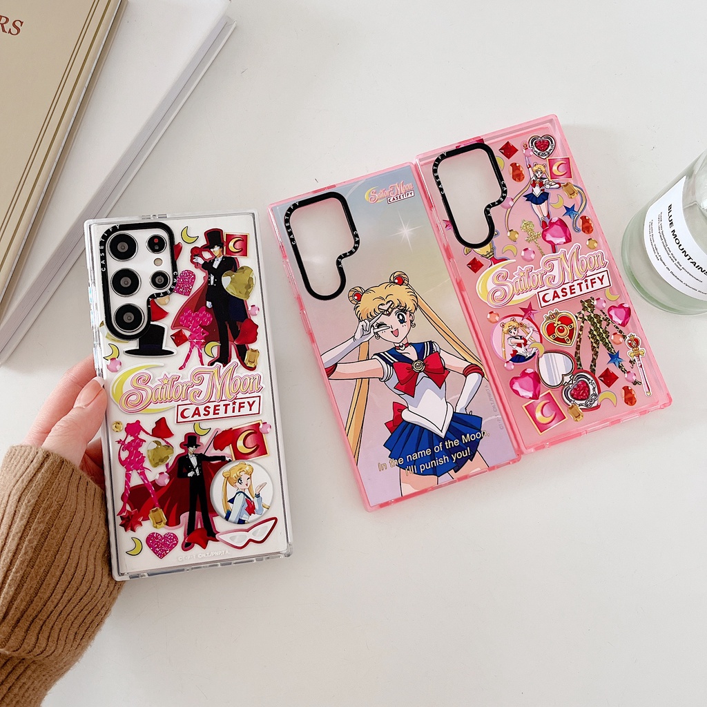 การ์ตูน น่ารัก เซเลอร์มูน Tsukino Usagi เคส Samsung Galaxy S24 Ultra S23 Ultra S22 Ultra S21 Ultra S21 S22 S23 S24 Plus + Case ใหม่ ขอบสี เรียบง่าย โปร่งใส ป้องกันการหล่น ซิลิกาเจล นุ่ม ซัมซุง เคส