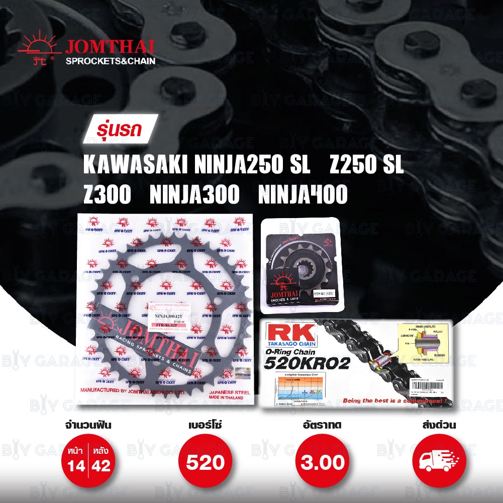 ชุดเปลี่ยนโซ่-สเตอร์ โซ่ RK 520KRO และ สเตอร์ สีดำ สำหรับ Kawasaki Ninja250 SL / Z250 SL / Z300 / Ni