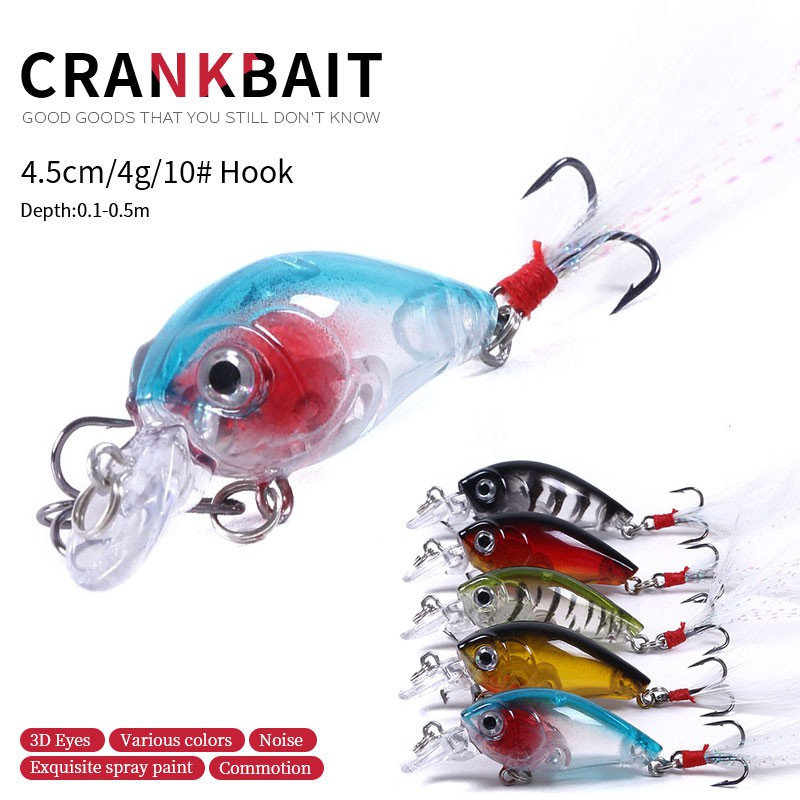 Hengjia 1 ชิ้น 4.5 ซม. 4 กรัม เหยื่อตกปลา เหยื่อล่อปลา Mini Fishing CrankBait with Feather Hook