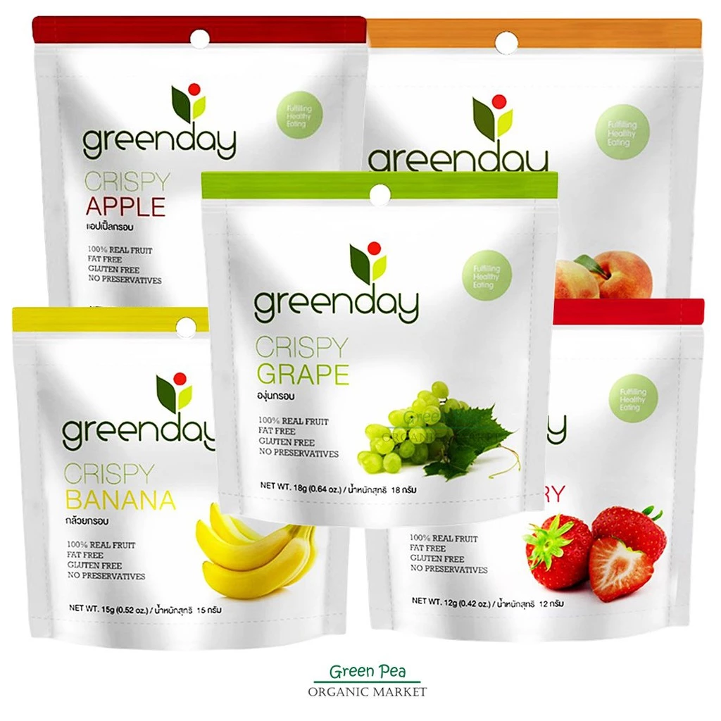 Greenday ผลไม้กรอบ ฟรีสดราย 5ชนิด 100% real fruit Gluten free