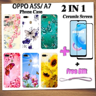 2 IN 1 เคสโทรศัพท์ OPPO A5S A7 พร้อมกระจกนิรภัยกันรอยหน้าจอเซรามิค ฟิล์มโค้ง ผีเสื้อ