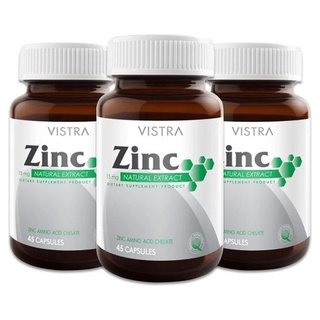 Vistra Zinc 15 mg วิสทร้า ซิงค์ สังกะสี รักษาสิว ป้องกันผมร่วง ขนาด 45 เม็ด จำนวน 3 ขวด (3X12638)