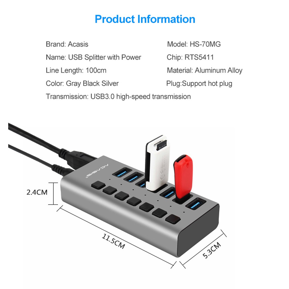 ACASIS 7 Port USB 3.0 HUB Support BC1.2 Charging with 12V Power Adapter Aluminum USB Splitter For  Accessories Desktop OTG