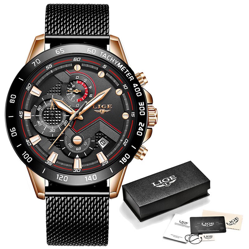 LIGE Fashion Mens Watches Top Brand Luxury Quartz Watch Men Sport Chronograph Stainless Steel Waterproof Watch
