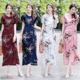 Maxidress เดรสยาวพิมพ์ลายกุหลาบแต่งเชือกรูดข้าง