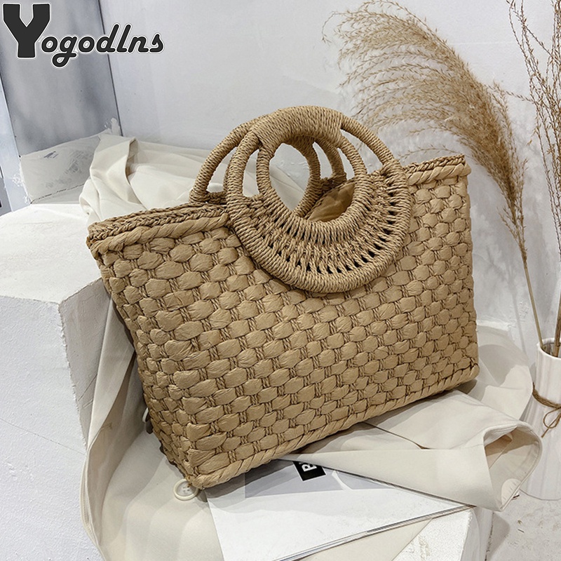 Women Summer Beach Weave Beach Bag Woven Bucket Bag Casual Handbags ...