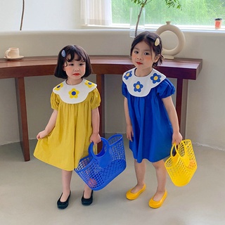 ชุดเดรส แขนพัฟ คอปกตุ๊กตา พิมพ์ลายดอกไม้น่ารัก สไตล์เกาหลี สําหรับเด็กผู้หญิง
