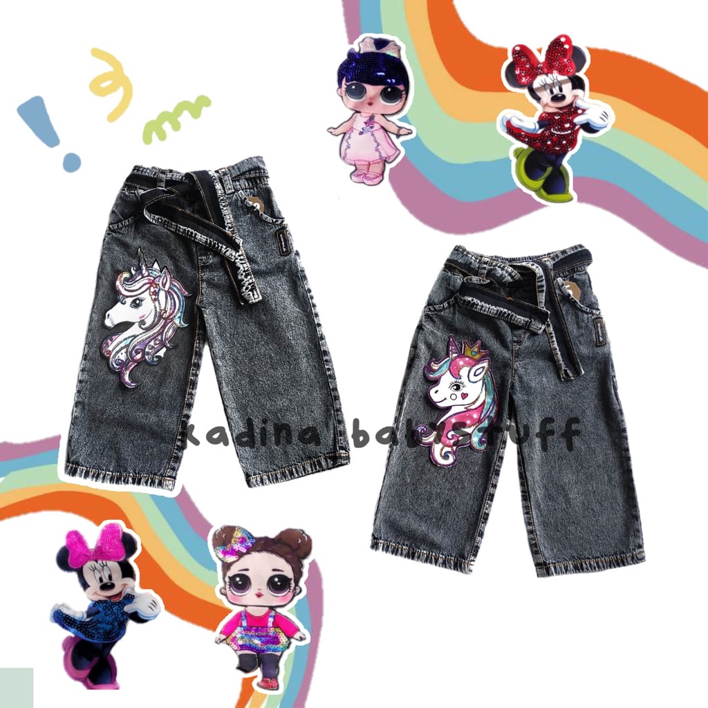 GIRLS JEANS CULOT PANTS SNOW WASH MINNIE MOUSE UNICORN LOL LED/ GIRLS JEANS PANTS 2-12 ปี