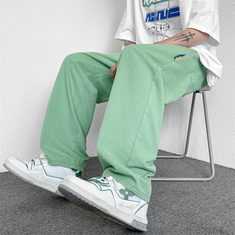【IF】กางเกงลําลอง ขากว้าง สีเขียวอะโวคาโด แฟชั่นเกาหลี สําหรับผู้ชาย