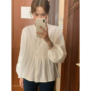 61146 เสื้อเชิ้ต แขนยาว ปักลายลูกไม้ สีขาว