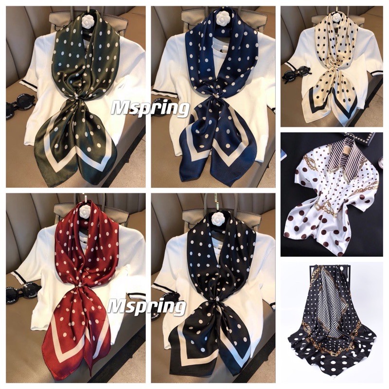 ผ้าพันคอ ผ้าซาติน ลายจุด ขนาด90*90ซม สินค้าพร้อมส่งที่ไทย