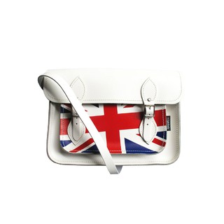 Zatchels กระเป๋าหนังแท้ทรงวินทาจ จากอังกฤษ ขนาด 13" รุ่น Union Jack White (ลายธงชาติอังกฤษ สีขาว)