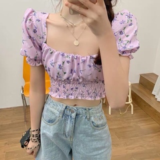 💜New in Purple sage crop เสื้อครอปลายดอกไม้สีม่วงน่าร๊ากกก ผ้าชีฟองแบบหนา พิมพ์ลาย มีสม็อกรอบเอวใส่แล้วแบ๊วสุดๆค้าบบ